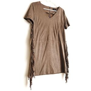 VERY J Taupe Faux Suede Fringe V-Neck